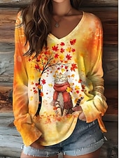 abordables Camiseta de Animales-Semana Santa Mujer Camiseta Estampado Floral Graphic Gato Vintage Elegante Clásico Manga Larga Escote en Pico Tops regulares Diario Negro Amarillo Naranja Verano Primavera Otoño
