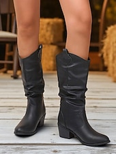olcso Slouch Boots-női barna bő szárú, félvádrájú csizma – vastag sarkú, western stílusú csizma őszi divathoz, szabadtéri eseményekhez és hétköznapokra
