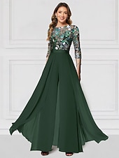levne Máminy kombinézy-Květinový overal vyšívaná matka nevěsty formální svatba elegantní vintage iluze krk dlouhá sukně šifon poloviční rukáv se třpytkami závodní den šaty