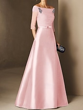 ieftine Lungimea podelei-Rochie de seară A-Line Rochie elegantă Logodnă Formală Seară Lungime pe podea Mâneci jumătate Pe umăr Toamna Invitat de nuntă Chiffon cu straturi