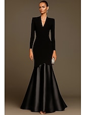 preiswerte Abendkleider-A-Linie Meerjungfrauenschnitt Abendkleid Elegant Kleid Formell Hochzeit Bodenlang Langarm V Ausschnitt Stretch-Crêpe mit Falten 2025