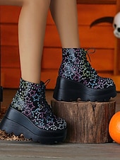baratos Para mulheres-Botas femininas pretas plataforma com cadarço e caveira - botas góticas de cano curto com sola grossa para festas de outono, cosplay e dia dos mortos