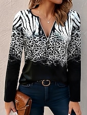 cheap Animals tee-Women&#039;s T Shirt Ombre Graphic Leopard Elegant Vintage Stylish Long Sleeve V Neck Round Neck Notched Neck Regular Tops Daily Weekend Zipper Print Black Spring Fall Winter