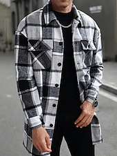 preiswerte Herren-Blazer &amp; -Anzüge-Herren Leichte Jacke Hemdjacke Freizeitjacke Jacke-Shirt Urlaub Täglich Thermowarm Tasche Frühling Herbst Karomuster Mode Klassisch Revers Regulär Schwarz Wein Orange Khaki Armeegrün Jacken