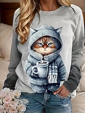 preiswerte Tiere Tops-Damen Pullover Sweatshirt Patchwork Druck Grafik Tiermotiv Katze Warm Aktiv Vintage Langarm Rundhalsausschnitt Normale Oberteile Lässig Straße Alltagskleidung Khaki Grau Frühling Herbst Winter