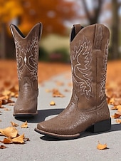 economico Stivali da cowboy e occidentali-stivali da cowboy ricamati marroni da donna: classici stivali a metà polpaccio in stile western per festival autunnali, lavori agricoli e concerti country