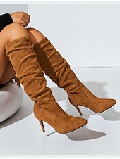 baratos Botas Slouch-Botas femininas de cano alto, estilo slouch, de camurça sintética bege, com salto agulha - calçados da moda outono para looks estilosos do dia a dia e para encontros casuais