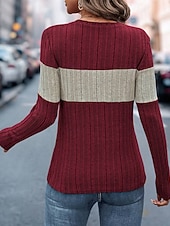 Недорогие Простые блузки-Жен. Вязаная ткань Пуловер Повседневные Стиль На каждый день Контрастных цветов Рельефный узор Вырез под горло Трикотаж Длинный рукав Обычные топы Вязать Повседневные Праздники На выход