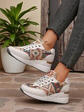 economico Sneakers da donna-sneakers con zeppa dorate da donna – scarpe da ginnastica con plateau e lacci con stampa etnica per abbigliamento casual da strada e viaggi del fine settimana