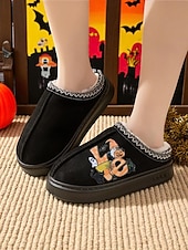 abordables Pour les femmes-Chaussons d&#039;Halloween doublés de polaire pour femmes - chaussures d&#039;intérieur confortables avec imprimé citrouille de dessin animé, semelle antidérapante douce, style automne-hiver chaud pour la maison et les cadeaux de vacances