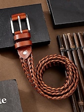 levne Pánské opasky-Pánský pletený opasek z pravé kůže – klasický tkaný design s leštěnou přezkou, odolný a nastavitelný doplněk v pase pro ležérní, obchodní a golfové outfity