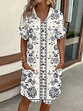 お買い得  花柄のドレスを印刷する-女性用 ミニドレス シャツドレス カジュアルドレス プリントドレス ファッション 近代の 日常 ビーチ 週末 レギュラー フラワー 半袖 シャツカラー ブルー 夏 春 秋