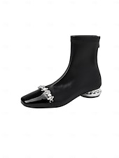 お買い得  足首ブーツ-クリスタル装飾のローヒールとラインストーンストラップが付いたレディースブラックアンクルブーツ、エレガントで都会的な高級パーティーシューズ