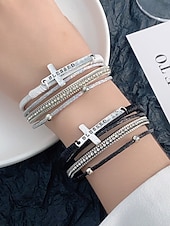 levne Dámský náramek-Dámský vícevrstvý náramek s křížkem a kamínky – inspirativní „požehnaný“ náramek z umělé kůže pro běžné nošení, do kostela i na zvláštní příležitosti