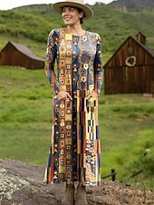preiswerte Kunst &amp; Design Kleid-Damen Maxikleid T-Shirt-Kleid Lässig Täglich Ausgehen Normale Passform Grafik Geometrisch Langarm Rundhalsausschnitt Rote Leicht Braun Orange Braun Sommer Frühling Herbst