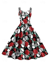 女性用スカルプリントミニドレス Aラインドレス カジュアル デイリー ホリデー レギュラーフィット スカル ノースリーブ スパゲッティストラップ ブラック ホワイト ワイン サビレッド 夏 春 秋 お買い得  頭蓋骨と骨のドレス-女性用スカルプリントミニドレス Aラインドレス カジュアル デイリー ホリデー レギュラーフィット スカル ノースリーブ スパゲッティストラップ ブラック ホワイト ワイン サビレッド 夏 春 秋