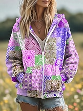 billige Blomstrete topper-Kvinners 3D Print Zip Up Hetter Blomster Grafisk Motemessig Kledelig Langermet Hetter Vanlige Topper Gate Hverdagsklær Patchwork Glidelås Lomme Gul Rosa Blå Lilla Grønn Vår Høst