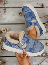 abordables Botas de nieve e invierno-Botines de nieve para mujer con forro polar vaquero: zapatos de invierno cálidos e informales sin cordones con correa de velcro para viajes y paseos al aire libre.