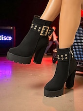 baratos Botas com salto-bota feminina plataforma de camurça preta com salto grosso e fivela dourada &amp;fecho de zíper - festa ousada &amp;calçados de concerto para looks de outono e inverno