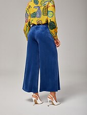 abordables Pantalones-Pantalones anchos de mujer, informales, de pana muy elástica, con textura acanalada, cintura elástica y elastano azul.