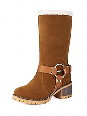 baratos Botas de neve e inverno-Botas femininas de camurça sintética com punho e fivela de pele de carneiro – botas casuais de inverno com salto grosso para atividades ao ar livre, viagens e looks aconchegantes