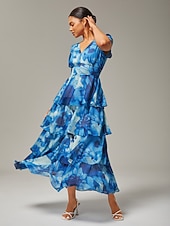 olcso Elegáns virágos ruhák-női esküvői vendégbuli maxi sifon ruha v nyakú, lenge többszínű, virágmintás, sötétzöld, vintage elegáns, egy vonalú, többszínű, fodros, tortaszoknya, derékban szűkített, rugalmas hátrészű ruha