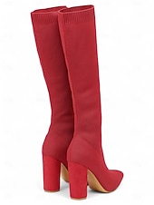 abordables Botas de moda-Botas altas hasta la rodilla rojas para mujer: botas largas de punto elástico, punta puntiaguda y tacón grueso para atuendos de otoño-invierno, fiestas y looks urbanos de moda.
