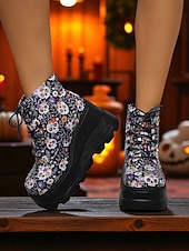 baratos Para mulheres-Botas femininas pretas plataforma com cadarço e caveira - botas góticas de cano curto com sola grossa para festas de outono, cosplay e dia dos mortos