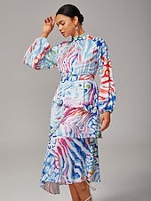 billiga Blommiga klänningar-damklänning i chiffong med akvarellfärgad leopardmönster, skiktad raglanärm, asymmetrisk, lager på lager, elegant, snygg, avslappnad, djärvt tryck, dagligt, arbete, höst