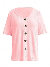 abordables Hauts en dentelle-Hauts en dentelle blancs élégants pour femmes Blouse en œillets Hauts quotidiens réguliers à manches courtes col en V Boutons Détente ample Hauts romantiques petits pour l&#039;été Vacances Blanc Rose