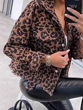 billige Skjorte jakker-Dame Uformell jakke Bekvem Pustende Knapper Trykt mønster Fritid Leopard Feriereise Gate Avslappet Dagligdagstøy Enkeltkneppet Kort Høy krage Normal Langermet Yttertøy Leopard Sommer Vår