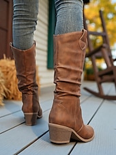 olcso Slouch Boots-női barna bő szárú, félvádrájú csizma – vastag sarkú, western stílusú csizma őszi divathoz, szabadtéri eseményekhez és hétköznapokra