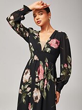 economico Abiti da festa-Abito per invitati in chiffon con volant floreale e maxi scollo a V. Abito per invitati