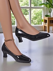 economico Décolleté con kitten heel-Scarpe eleganti da donna in similpelle nera verniciata con tacco medio - classiche décolleté con punta tonda per ufficio, abbigliamento business e chiesa.