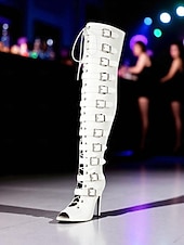 baratos Festa da Vida Noturna-Botas femininas brancas com fivela alta na coxa - botas de festa sexy com salto agulha e peep toe para mulheres, calçados da moda gótico punk para boates, apresentações de palco e festivais