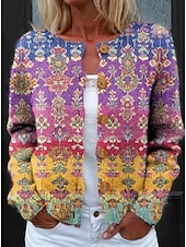 preiswerte Strickjacken und Oberbekleidung-Damen Cardigan Pullover Strick Rippen Knopf Vorderseite Rundhals Lange Ärmel Leicht Elegant Vintage Alltag Floral Grafik Geometrisch Druck Strickbedarf Outdoor Alltag Urlaub Schwarz Lila Frühling