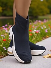 levne Kotníkové boty-Dámské béžové ponožkové kozačky z flyknit pleteniny s platformovou podrážkou – lehká ležérní obuv na outdoor, cestování a sport