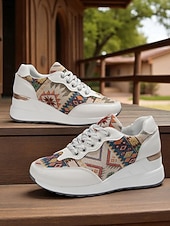 economico Sneakers da donna-sneakers con zeppa dorate da donna – scarpe da ginnastica con plateau e lacci con stampa etnica per abbigliamento casual da strada e viaggi del fine settimana