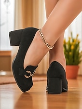 abordables Chaussures sans lacet et mocassins femme-Mocassins à talon carré en daim bordeaux pour femmes - chaussures habillées à enfiler à bout carré avec détail mors doré, style rétro classique pour le bureau, les tenues d&#039;affaires et les occasions