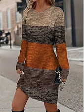 abordables Robe Rayée et Géométrique-Femmes Mini Robe Robe fourreau Robe T-Shirt Occasionnel Boho Quotidien Fête Date Coupe régulière Graphique Géométrique manche longue Col ras du cou Marron Printemps Automne Hiver