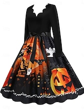 ieftine Rochie de Halloween-Rochie midi de Halloween pentru femei cu imprimeu de dovleac rochie în formă de A casual zi de zi vacanță croială regulată dovleac mânecă lungă guler în V galben albastru mov portocaliu vară