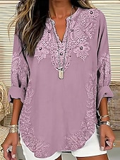 preiswerte Blumenoberteile-Damen Bluse Blumen Grafik Elegant Bohemien Vintage Langarm V Ausschnitt Normale Oberteile Täglich Ferien Strandbekleidung Gerafft Bestickt Druck Rosa Blau Frühling Herbst