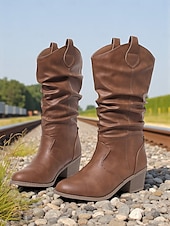 olcso Slouch Boots-női barna bő szárú, félvádrájú csizma – vastag sarkú, western stílusú csizma őszi divathoz, szabadtéri eseményekhez és hétköznapokra