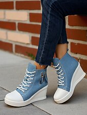 tanie Trampki damskie-damskie buty sportowe na koturnie z denimu, sznurowane z przodu i zapinane na suwak z boku, codzienne buty na wysokiej platformie do noszenia na co dzień