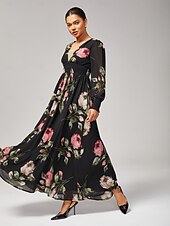 economico Abiti da festa-Abito per invitati in chiffon con volant floreale e maxi scollo a V. Abito per invitati
