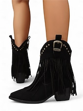 abordables Cowboy y botas occidentales-Botines de ante con flecos para mujer, ribete tachonado y hebilla estilo western, estilo vaquero bohemio.