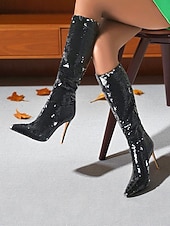 baratos Festa da Vida Noturna-Botas femininas de cano alto com lantejoulas - botas de festa com salto agulha brilhante para mulheres, calçados da moda glamorosos para boates, apresentações no palco e trajes de noite