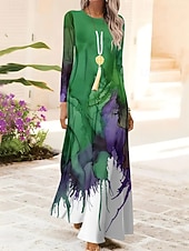 preiswerte Boho Kleid-Damen Maxikleid Shiftkleid A Linie Kleid Party Lässig Boho Täglich Date Ausgehen Normale Passform Ombre Grafik Batik Langarm Rundhalsausschnitt Rote Blau Orange Grün Frühling Herbst Winter