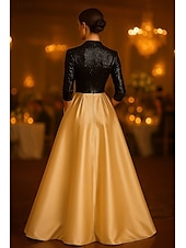 economico Abiti da Sera a Linea A-Linea ad A Abito da Sera Elegante Abito formale Formale Matrimonio Lunghezza al pavimento Manica 3/4 Scollo a V Raso con Pieghe Paillettes Spacco 2025