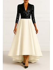 abordables Robes de smoking-Blazer noir extensible à paillettes, robe de soirée trapèze, robe élégante de mariage formelle, longueur au sol, manches 3/4, revers en satin avec plis pailletés, 2025